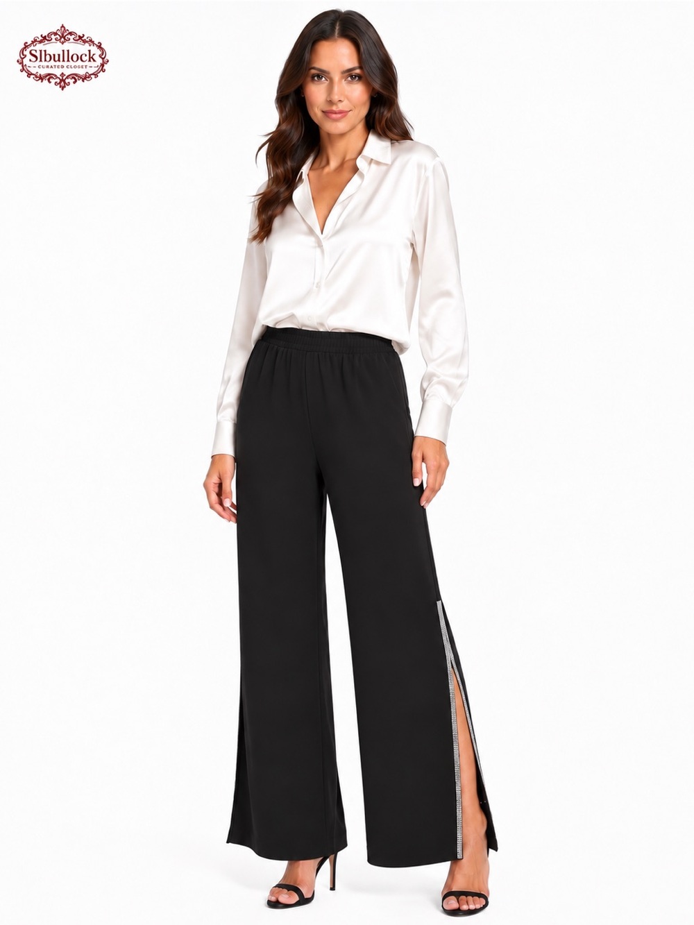 P11 Prelude Size Small Black Rhinestone Side Slit Wide Leg Pants